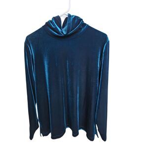 Susan Graver 1X-Iridescent Teal Velour-Mock Turtle Neck Top-Y2K-90s Vibe-Holiday